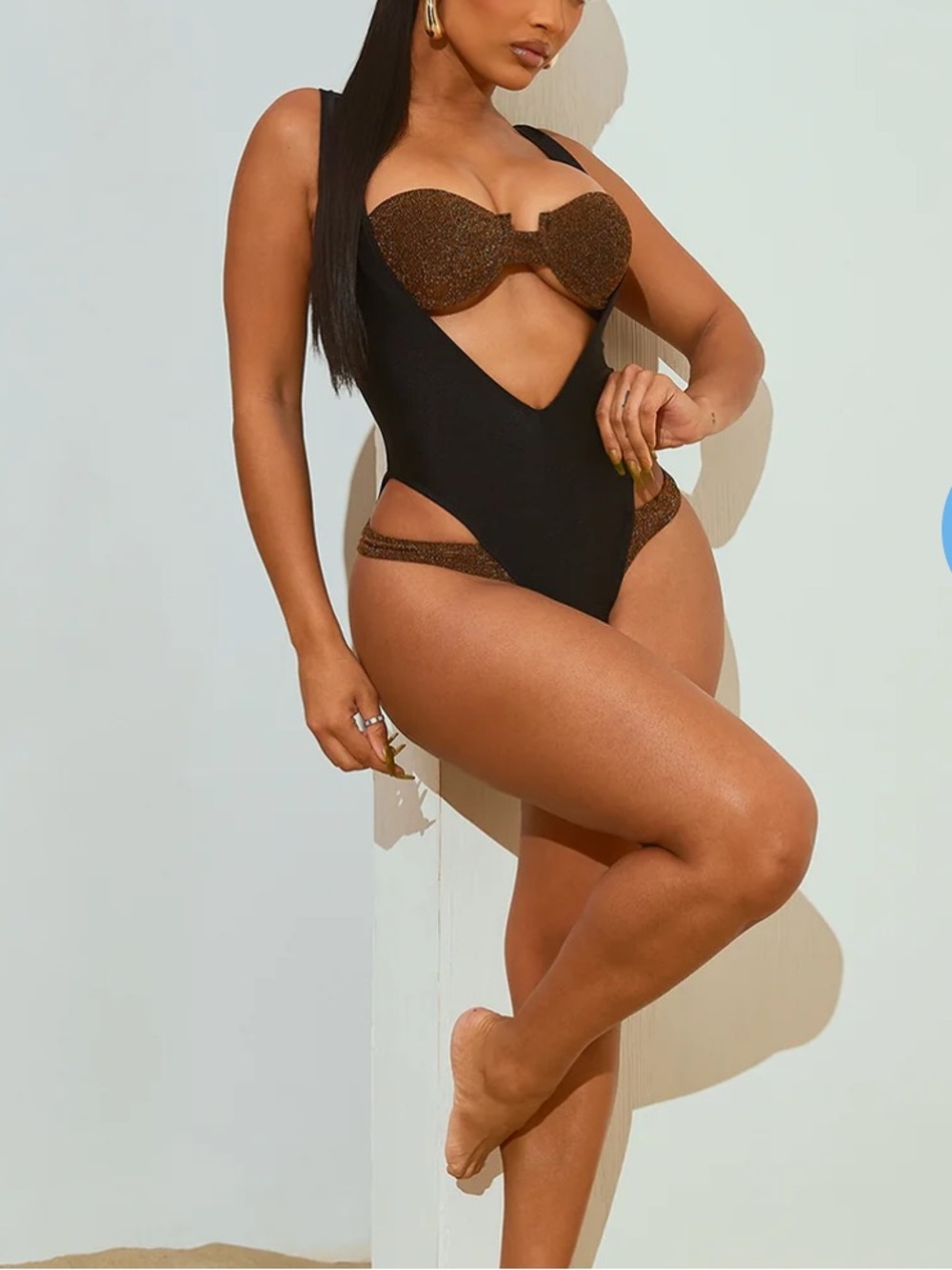 Cutout One-Piece Swimsuit with Metallic Brown Accents - Black
